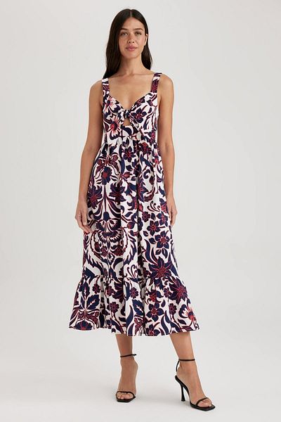 DeFacto Babydoll Heart Collar Floral Poplin Sleeveless Midi 100% Cotton Dress A7179ax23sm