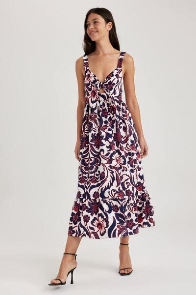 DeFacto Babydoll Heart Collar Floral Poplin Sleeveless Midi 100% Cotton Dress A7179ax23sm