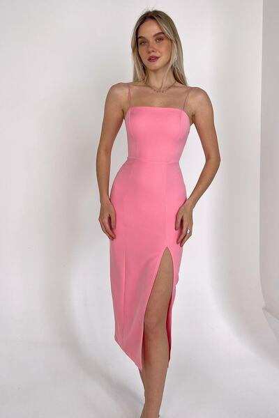 bayansepeti Atlas Kumaş Ince Askılı 115 Cm Midi Boy Yırtmaçlı Kalem Kesim Pud...