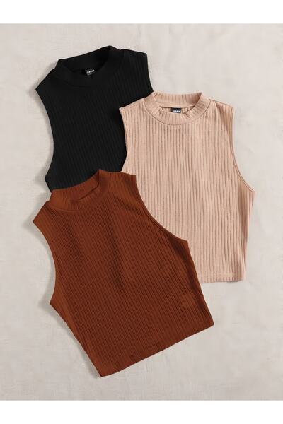 ÖZ PAMUK Női, 3 részes, bordázott 100% pamut kötött camisole terményblúz, sportoló