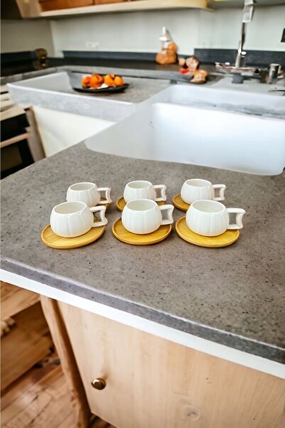 Akkoyunlu home Set cești de cafea Daisy pentru 6 persoane cu farfurie din bam...