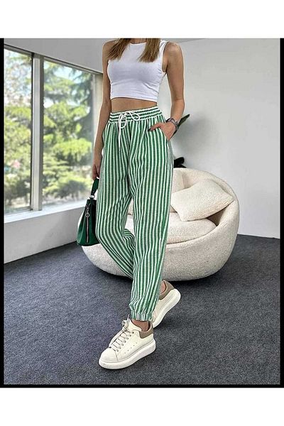 BEBE PLUS Striped Trousers with Elastic Detail on Waist and Leg Green