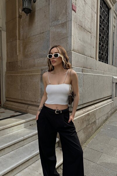 Jose Clothing Γυναικεία λουράκι μαργαριτάρι λεπτομέρεια Crop πλεκτά μπλούζα