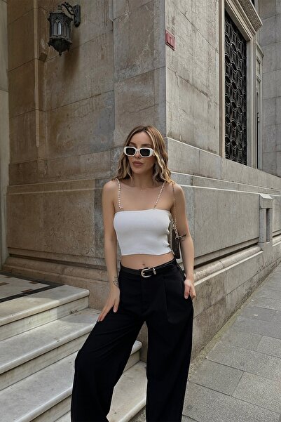 Jose Clothing Γυναικεία λουράκι μαργαριτάρι λεπτομέρεια Crop πλεκτά μπλούζα