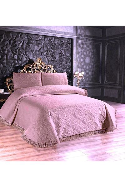 çeyizden Double Ultrasonic Quilted French Lace Laced Bedspread Set Pink