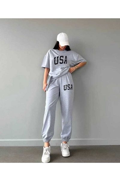 FAVORİST Women's USA Printed Short Sleeve T-shirt Tracksuit Set