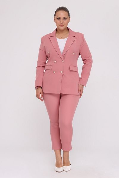 SİZ Women's Pink Blazer Jacket Belted Pocket Pipe Leg Trousers Plus Size Suit