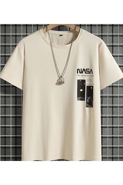 BYMEER Μπλουζάκι Unisex Beige Nasa Astronaut Printed Cotton Crew Neck Oversize