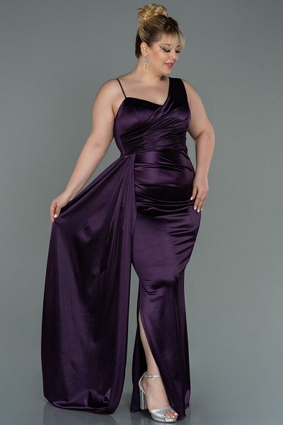 Abiyefon Purple One Shoulder Long Satin Plus Size Evening Dress Abu2932