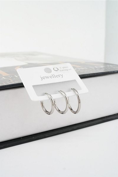 By Zeyna Aksesuar Women's Tarnish-Free 316 L Steel 3-Piece Hoop Set Earrings