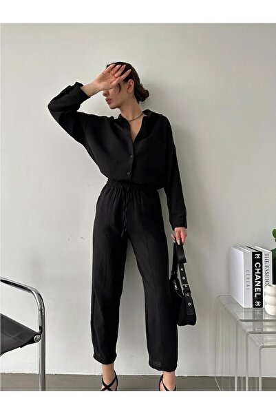 HARMONY GLOBAL Women's Beige Double Linen Shirt Short Leg Trousers Top Bottom...