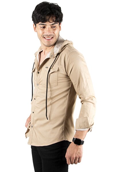 DeepSEA Ανδρικό μπλουζάκι με κουκούλα σε μπεζ χρώμα με τσέπες Slim Fit Lycra 2300396