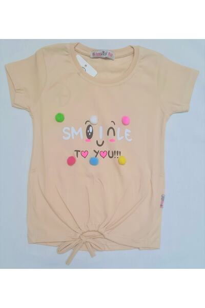 Minikçe Baskılı Ponponlu Büzgülü Kız Çocuk T-shirt