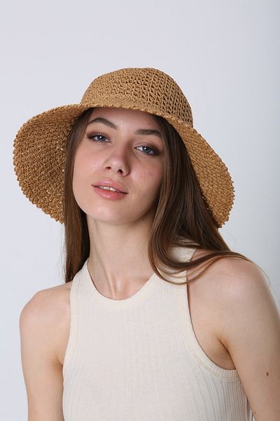 FELLMENS Camel Knitted Straw Bucket Women's Hat