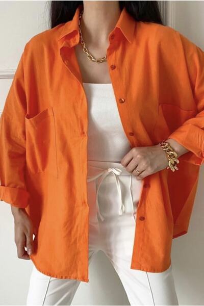 bb butik basic قميص كتان كاجوال بجيب مزدوج برتقالي للسيدات مقاس كبير، قميص كت...