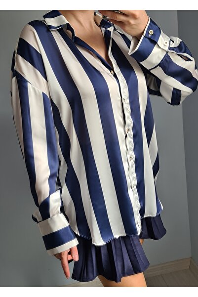 Ece Kahraman Çizgili Saten Dokulu Gömlek