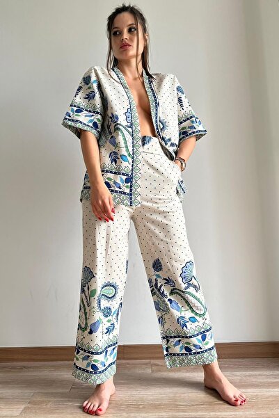 Mia Butik طقم كيمونو نسائي من الكتان باللون الأزرق الداكن والأخضر