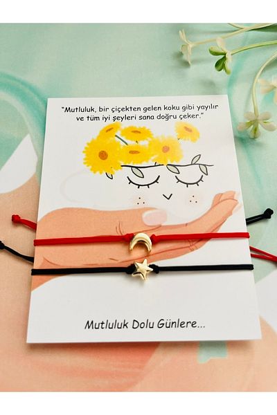 Farah Butik Moon Star Black Red Thread Set of 2 - Macrame Detailed Friend Bracelet - Women's Bracelet - Gift Bracelet