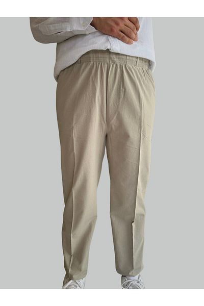 Beratnur Luxury Men's Beige Relaxed Fit Elastic Waist Linen Hajj and Umrah Baggy Trousers