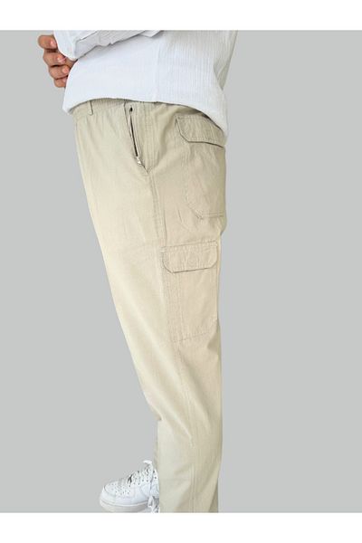 Beratnur Luxury Men's Beige Relaxed Fit Elastic Waist Linen Hajj and Umrah Baggy Trousers
