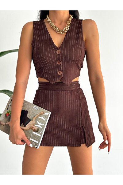 alenmoda Дамски комплект раирана пола и жилетка