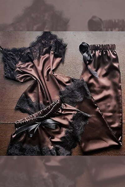 PEMBİŞ HOMEWEAR 3'lü Choco Saten Pijama Seti