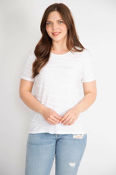 Şans Women's White Large Size Cotton Fabric Crew Neck Short Sleeve Blouse 65n36337