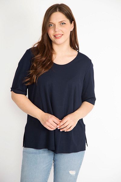 Şans Women's Navy Blue Large Size Two-Layer Short Sleeve Lycra Blouse 65n36341