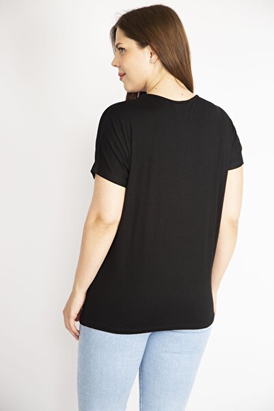 Şans Women's Black Plus Size Crew Neck Stone Detailed Low Sleeve Blouse 65n36318