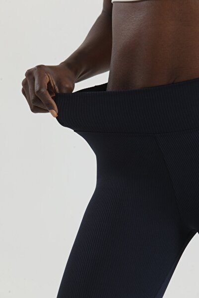 VOSSAX Women's Navy Blue Ribbed High Waist Recovery Short Shorts Knitted Leggings