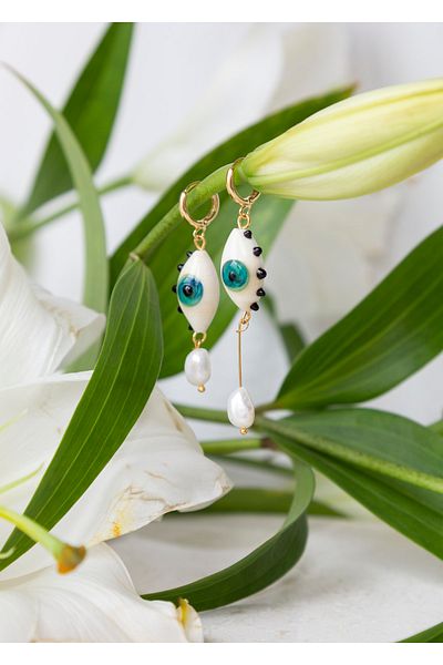 CHARMLUCKY Murano Eye Pearl Asymmetric Earrings