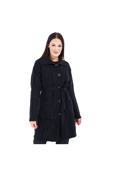Fresh&Moda Women's Black Collar Buttoned Pocket Belted Knitted Knitwear Wool Long Cardigan