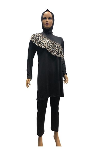 eflin Women's Clothing Black-leopard Cross Gathered Full Covered Hijab Swimsuit Large Size