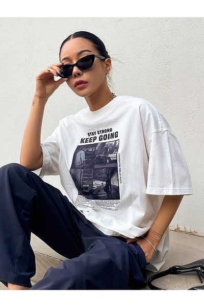 Know Women's White Keep Going Printed Oversize T-shirt