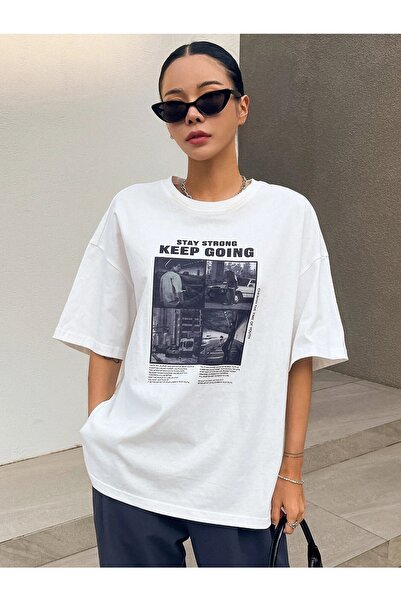 Know Women's White Keep Going Printed Oversize T-shirt