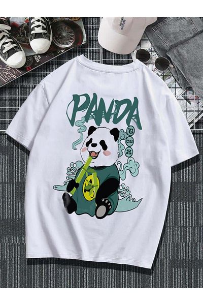 Touz White Panda Patterned Unisex Oversize T-Shirt