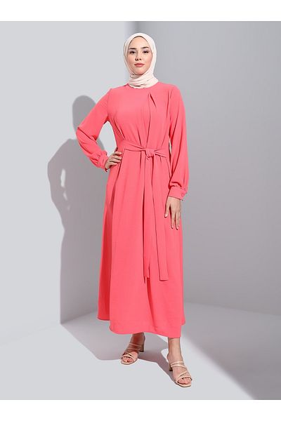 Refka Aerobin Waist Tied Hijab Dress - Coral - Casual