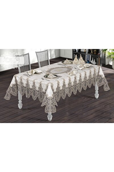 Haspen Mevsim Set 12 Peçeteli Kadife Kumaş Fransız Güpürlü 25 Parça Lüks Yemek Takımı