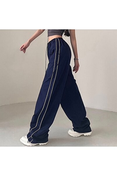 Touz Harajuku Zip Detail Double Striped Navy Blue Tracksuit Oversize Navy Blue Sweatpants