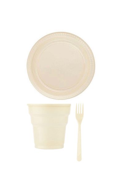Anka Cream Color Plastic Plate Cup Fork Set for 24 Persons