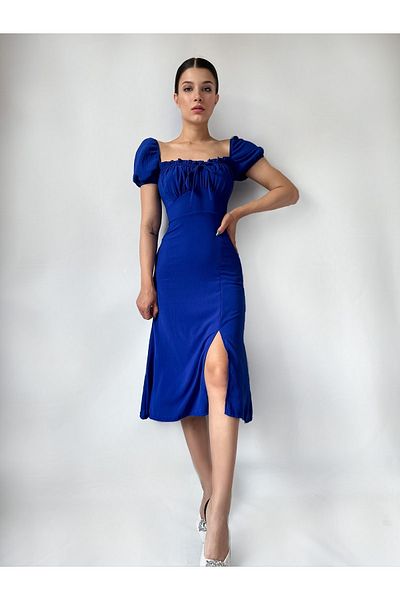 MY DEPO Rochie midi cu fante din stofă Aerobin, drapată pe piept pentru femei