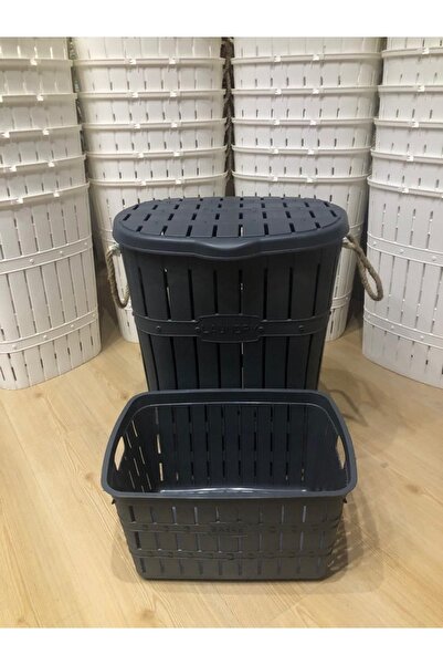 Violet Bambu Halatlı Kirli Çamaşır Sepeti Ve Selesi Seti Antrasit