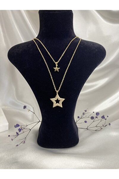 Starlight Zirkon Taşlı Çift Yıldız Kolye Altın