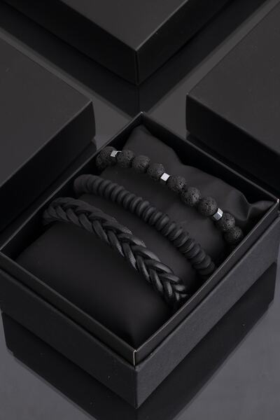 Sortie Aksesuar Hakiki Deri, Hematitli Ve Doğal Taşlı Erkek 3'lü Kombin B...