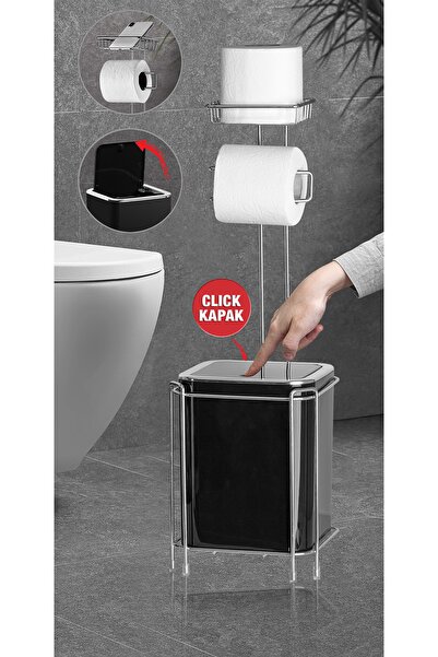 Okyanus Home Krom Yedekli Wc Kağıtlık Ve Kare Siyah Çöp Kovası