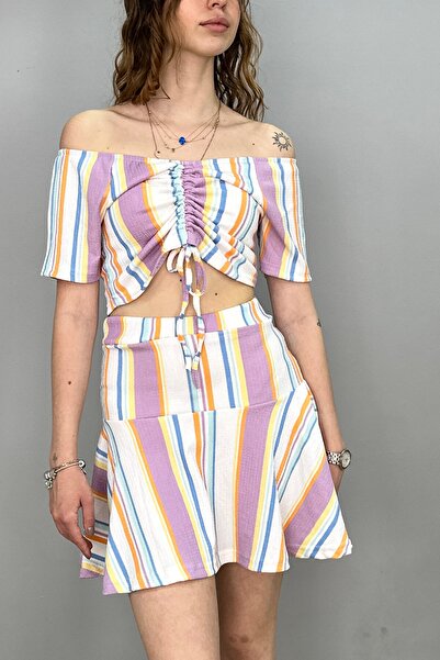 Tam Moda Set bluză-fustă damă cu dungi crem