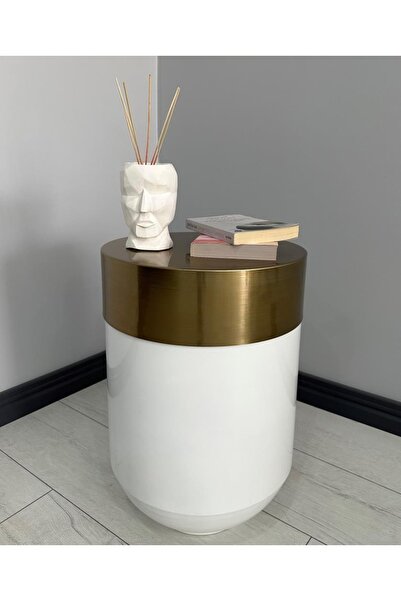 evdeniste Dekoratif Eskitme Darbuka Parlak Beyaz Sehpa 60cm