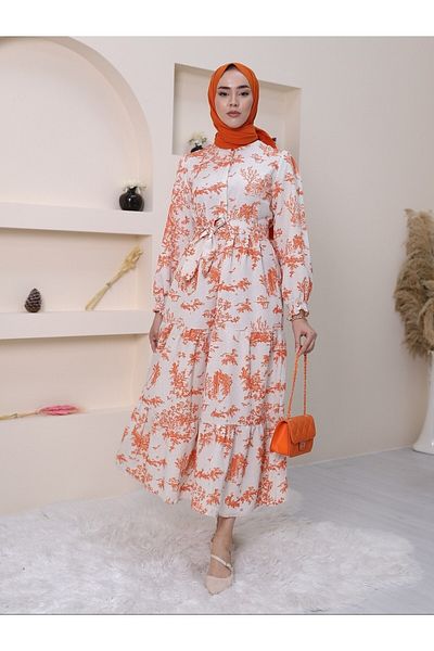 Modamorfo Kleid mit elastischen Ärmeln, halbem Knopf und Gürtel