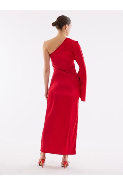 Juste Studio Szatén vállas piros, hosszú hasított ruha