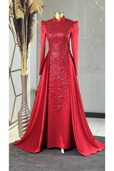 PİENNAR Red Drop Hijab Evening Dress - With Tail